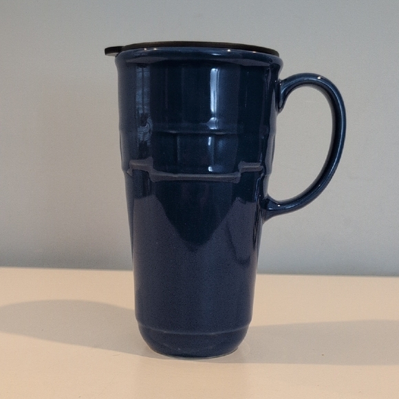 Longaberger Other - Longaberger Ceramic Woven Traditions Cornflower Blue Travel Mug With Lid